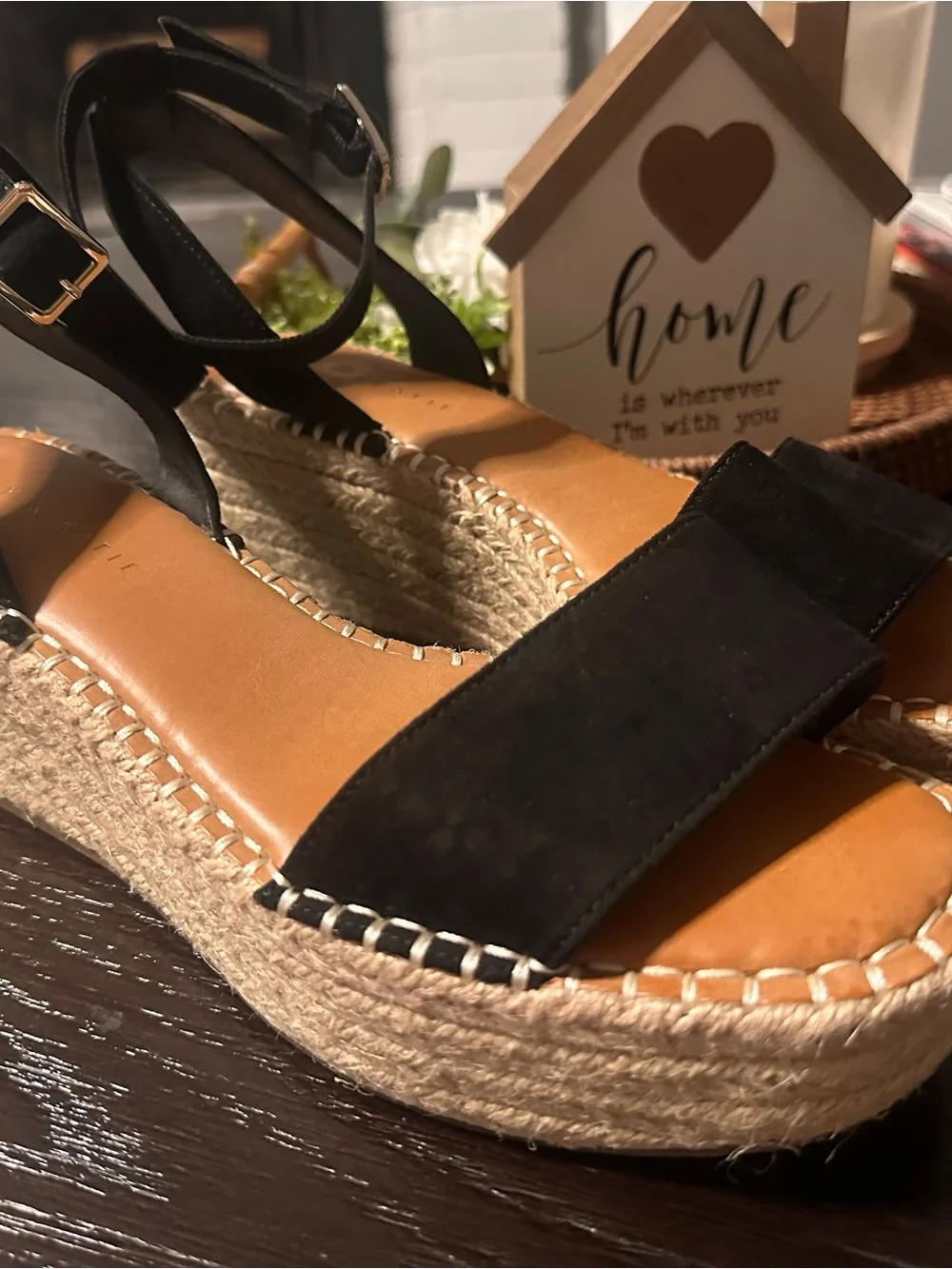 Kelly & Katie Black Espadrille Platform Wedge Sandals Ankle Strap Size 9
